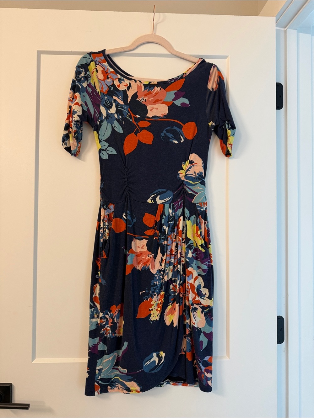 Weston Wear + Anthropologie Navy Floral Midi Dress with Short Sleeves